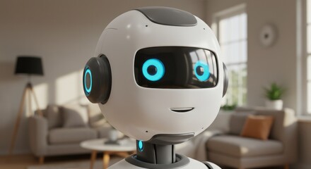 White robot with blue eyes in a living room setting.