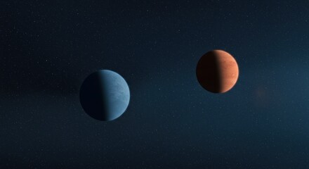 Two planets a blue one and a red one in a dark space.