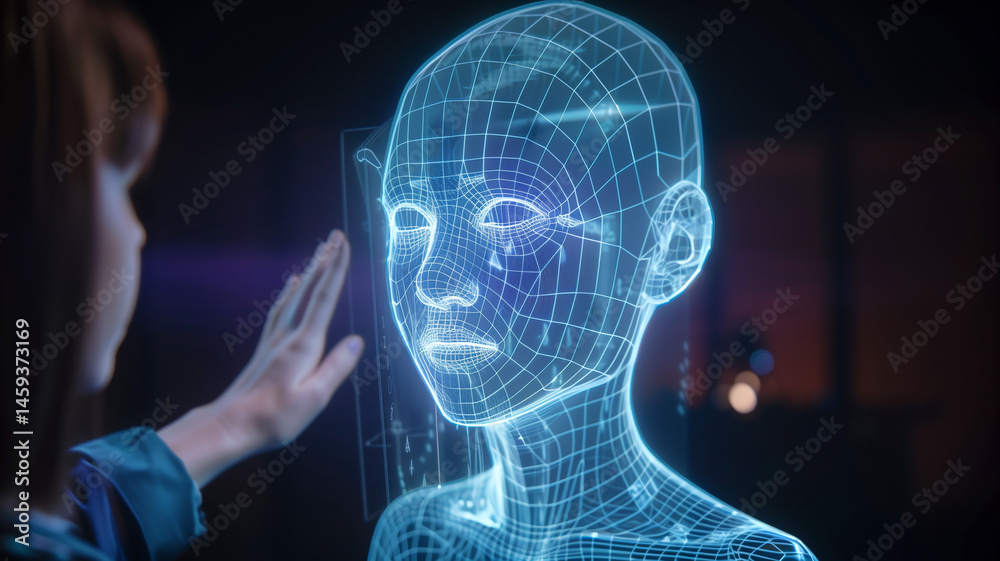Aufkleber This person interacts with a holographic representation of a face, exploring advanced depth mapping.