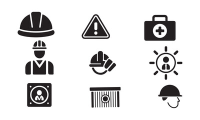 This set of black and white icons depicts various safety and security elements, including hard hats, warning signs, first-aid kits, and worker figures, suitable for use in construction, industry