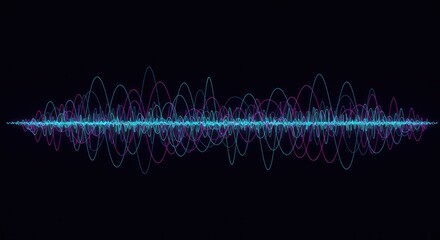 Blue sound wave pattern illustration against a dark background.