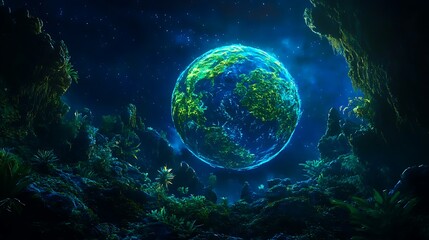 Vibrant Alien Planet Rising Above Bioluminescent Flora Under a Starry Night Sky