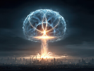 Obraz premium Futuristic AI-powered nuclear reactor emits radiant energy in a sprawling urban landscape at twilight