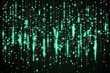 Emerald-green light streaks cascading downwards on a dark background.  Many tiny lights connect to form vertical lines