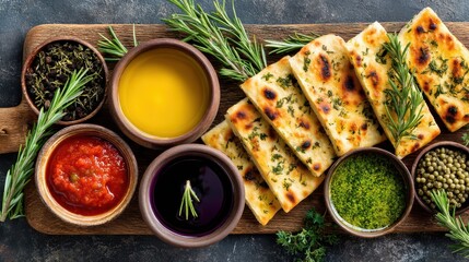 Rosemary cheese flatbreads concept. Artisan bread with herbs and dips arranged on a wooden board.