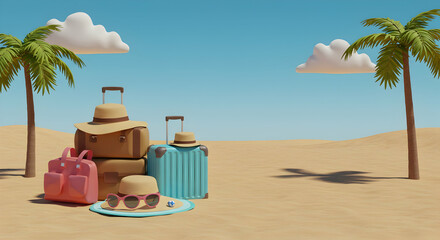 Obraz premium Colorful Travel Bags and Sun Hats on a Deserted Beach Scene