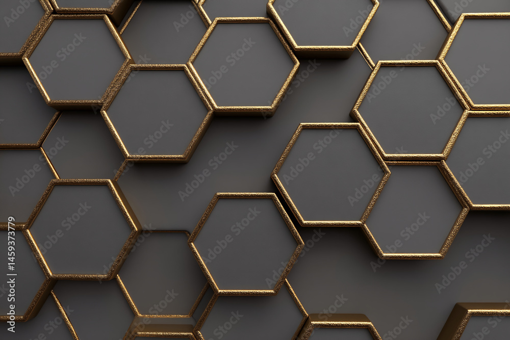 Poster Abstract gray hexagons with gold edges, creating a geometric pattern, showcasing a modern and luxurious design ideal for background or presentation