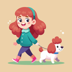 Naklejka premium Download Cute Girl Walking With Poodle Dog Cartoon Vector Eps File For Design.