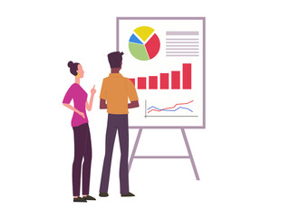 Office workers looking at board with graphs and charts - teamwork, report presentation. Illustration on transparent background