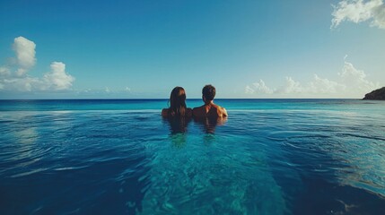 Couple relaxes in infinity pool overlooking ocean