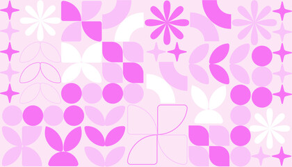 Seamless pattern with floral and rabbit illustrations, geometric floral and rabbit pattern with cute and pink tones