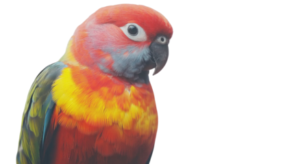 Small parrot with vivid feathers perched sideways, white background