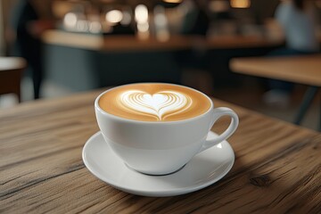 Latte art heart on a wooden table, cafe setting.  A cup of latte with a heart-shaped foam design sits on a light wooden table, in front of a blurred cafe
