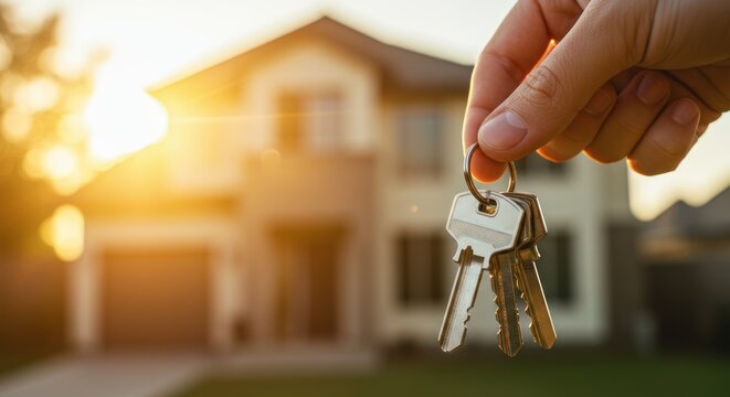Hand holds keys in front of a house at golden hour.
