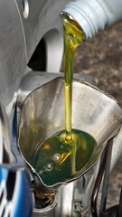 Oil pouring into a funnel from a container for engine maintenance or car repair tasks