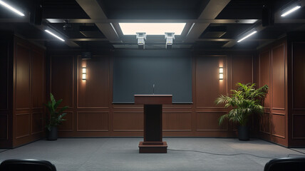This well-equipped conference room is set for a public speaking event with a podium and lighting.