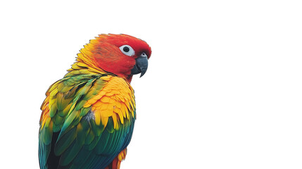 Fototapeta premium Small parrot with vivid feathers perched sideways, white background