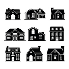 Black Silhouette Set of Residential House Icons. Flat design house silhouette