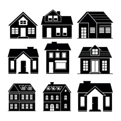 Black Silhouette Set of Residential House Icons. Flat design house silhouette