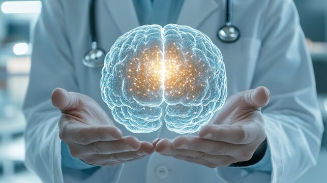 Glowing digital brain in hands neurology healthcare science medicine