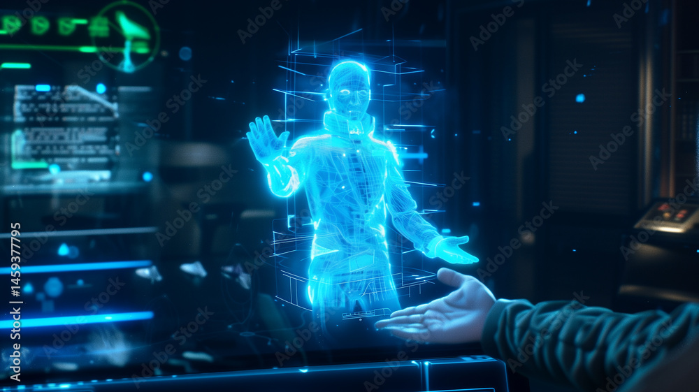 Poster This holographic figure interacts, demonstrating advanced tracking and parallax in a high-tech space.