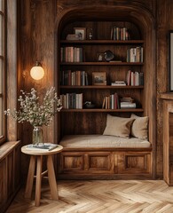 Fototapeta premium Cozy reading nook with bookshelves, window light, and wooden details