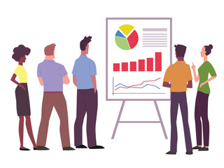 Office workers looking at board with graphs and charts - teamwork, report presentation. Vector illustration isolated on white background