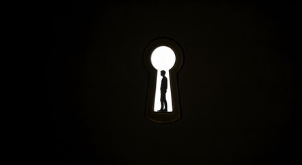 Silhouette of a person standing in a bright keyhole against a dark background with light shining through