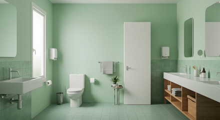 Modern minimalist bathroom design with green wall and fixtures