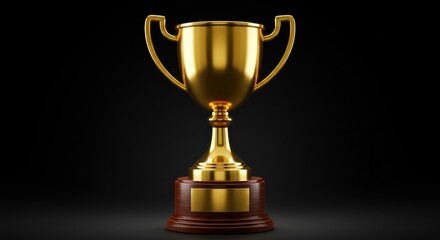 Golden trophy cup on a wooden base against a dark background.