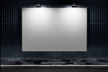 Space on the wall for your brand logo. Empty billboard on a metal wall. Billboard on a city street wall at night. Empty advertising space on the street wall. Street poster for your design. 3d render.