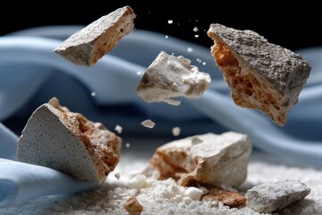 A captivating scene of flying rocks suspended in mid-air, set against a soft background, symbolizing action and the beauty of natural forms in a dynamic aesthetic.