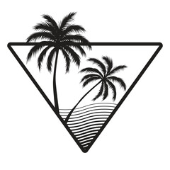 Triangle-shape retro badge with silhouettes of palm trees and waves. Vector illustration isolated on white background