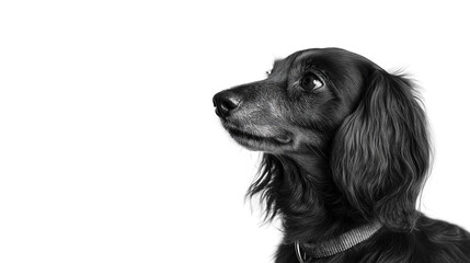 Long-haired dachshund looking away, calm expression, isolated on white