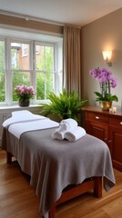 Relaxing spa treatment room with massage bed, folded towels, orchids, candles, wooden floor and soft lighting.