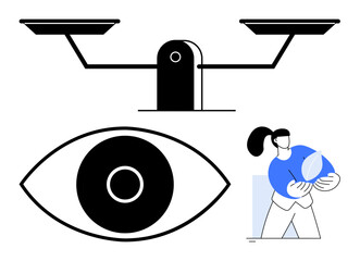 Balancing scale highlights equity, large eye symbolizes vision, person holding globe conveys environmental responsibility. Ideal for justice, equality, focus, sustainability, balance