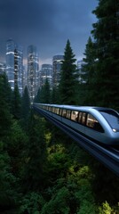 Naklejka premium Futuristic Elevated Train Rides Through Forest at Dusk With City Skyline Emerging Modern Transportation Environmentally Friendly Urban Planning