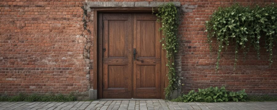 Rustic brick wall, antique wooden door, ivy vines , details, cottage