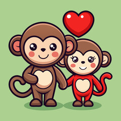 Download Cute Monkey Couple With Love Heart Cartoon Vector Eps File For Design.