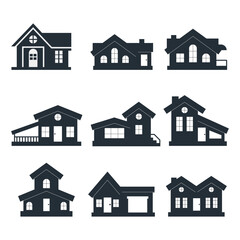Black Silhouette Set of Residential House Icons. Flat design house silhouette