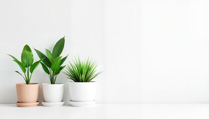 Minimalist indoor plant arrangement with neatly potted greenery against a clean white background, modern branding concept.