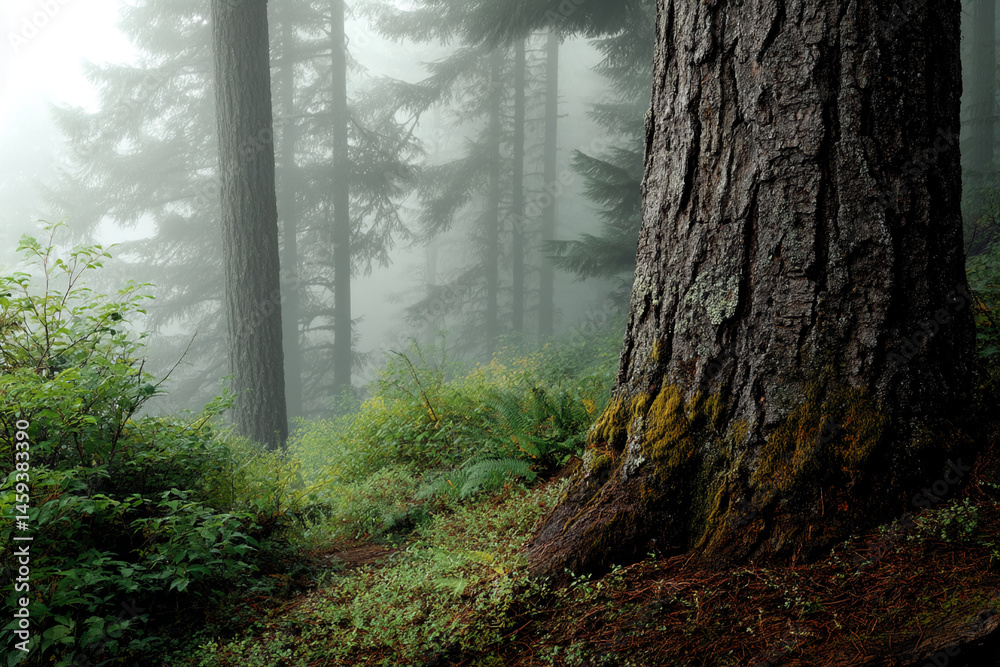 Poster misty forest scene, large tree trunk dominates foreground, smaller trees and lush undergrowth visibl