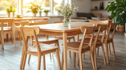 A bright, airy dining area with light wood furniture. A simple, modern space.  Small bouquets of wildflowers, and natural light stream in