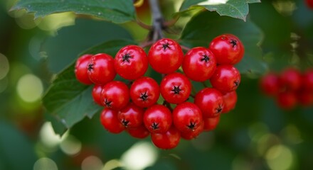 Obraz premium Close Up Red Berry Branch - Vibrant red berries cluster on a branch, symbolizing abundance, nature's beauty, the passage of time, harvest, and vitality
