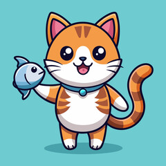 Obraz premium Download Cute Cat Holding Fish Cartoon Vector Icon Illustration Eps File For Design.