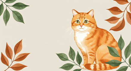 Charming Orange Cat Surrounded by Colorful Leaves on Neutral Background
