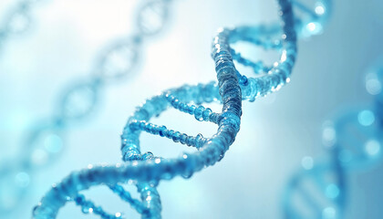 Transparent blue DNA helix twisting in space with soft reflections against bright white and light blue background, symbolizing innovation and scientific discovery.