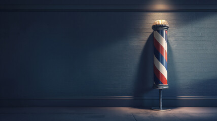 This vintage barber pole stands in a well-lit barbershop, exuding charm and style at dusk.