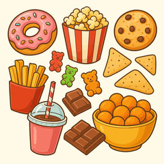 Cartoon Food Illustration Featuring a Variety of Sweet and Savory Treats