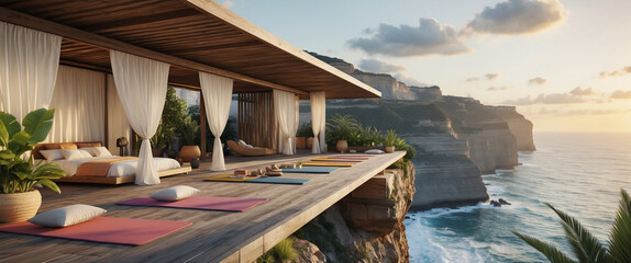Fototapeta premium Luxurious cliffside yoga retreat offers serene relaxation and breathtaking ocean views